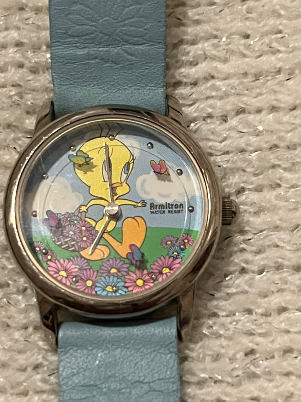 1998 Warner Bros. Light Blue Tweety Leather Strap Watch